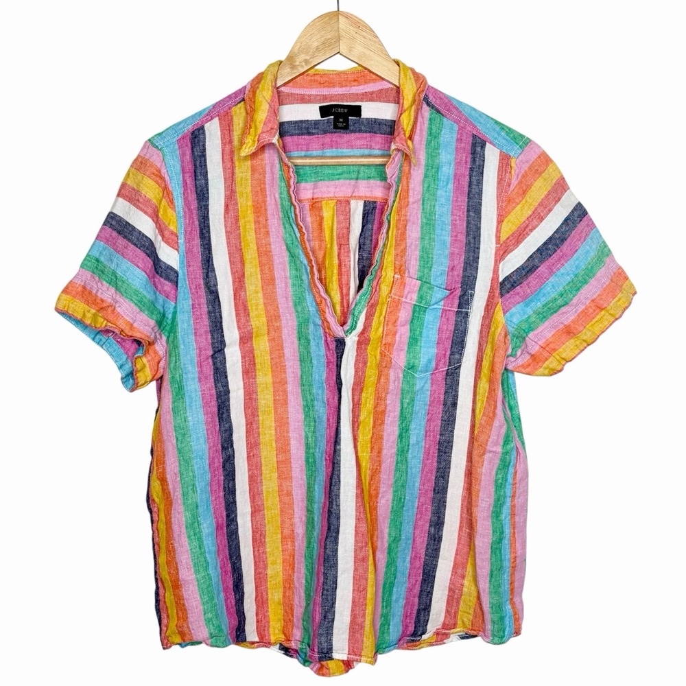 J Crew Rainbow Striped Linen Shirt Womens Size M Beach Colorful Coastal Resort